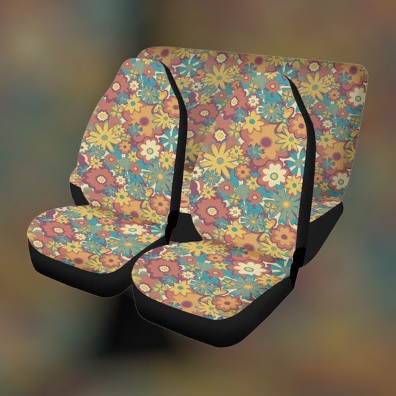 Groovy Floral Retro 70s Car Seat Covers Set, Cute Retro Hippie Car Seat Cover For Women, Trendy Car Accessories, Women Car Interior Decor