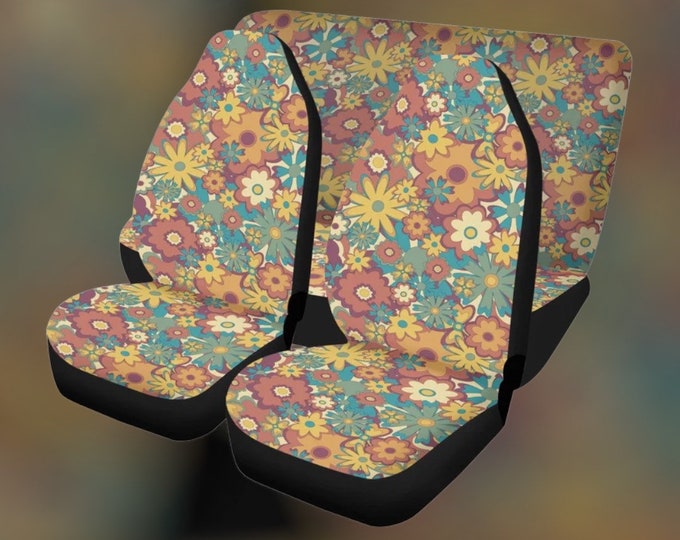 Groovy Floral Retro 70s Car Seat Covers Set, Cute Retro Hippie Car Seat Cover For Women, Trendy Car Accessories, Women Car Interior Decor