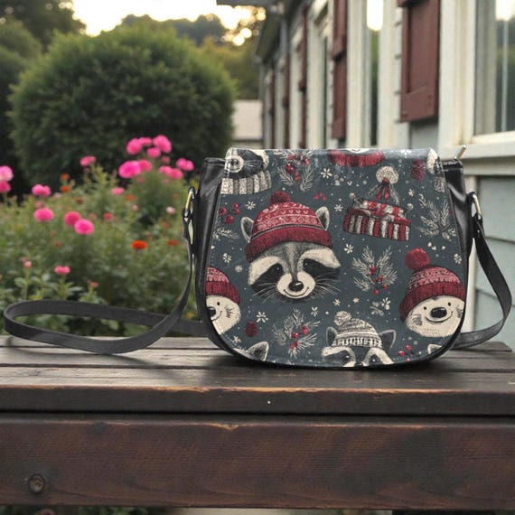 Cute Xmas Raccoon crossbody saddle bag, Boho Witch Cottagecore Vegan leather shoulder bag, Cute animal saddle purse handbag gift