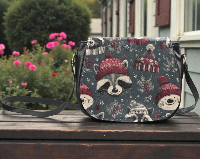 Cute Xmas Raccoon crossbody saddle bag, Boho Witch Cottagecore Vegan leather shoulder bag, Cute animal saddle purse handbag gift