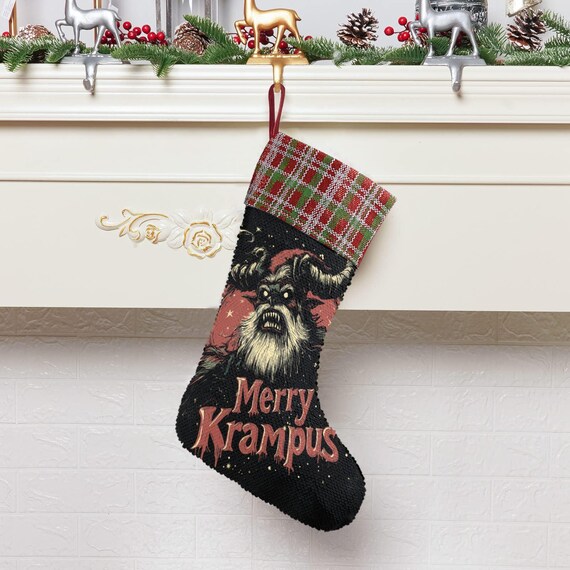 Merry Krampus Demon Sequin Stocking, Yule Stuffing Gifts, Fireplace hang decor, Yule holiday decor, Dark gothic Holliday stuffer goblincore