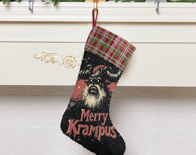 Merry Krampus Demon Sequin Stocking, Yule Stuffing Gifts, Fireplace hang decor, Yule holiday decor, Dark gothic Holliday stuffer goblincore