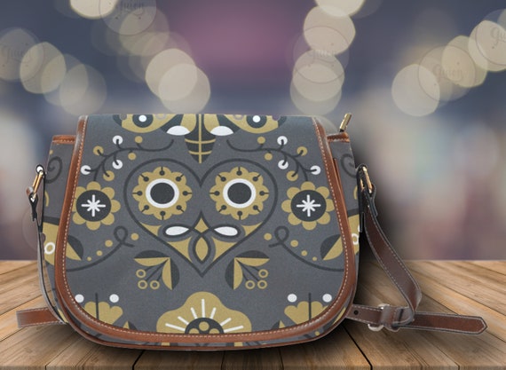 Floral Steampunk Style Gray Boho Saddle Bag, Dark Cottagecore Crossed body Shoulder bag, Goth girl bag boho hippie gift, vegan leather purse