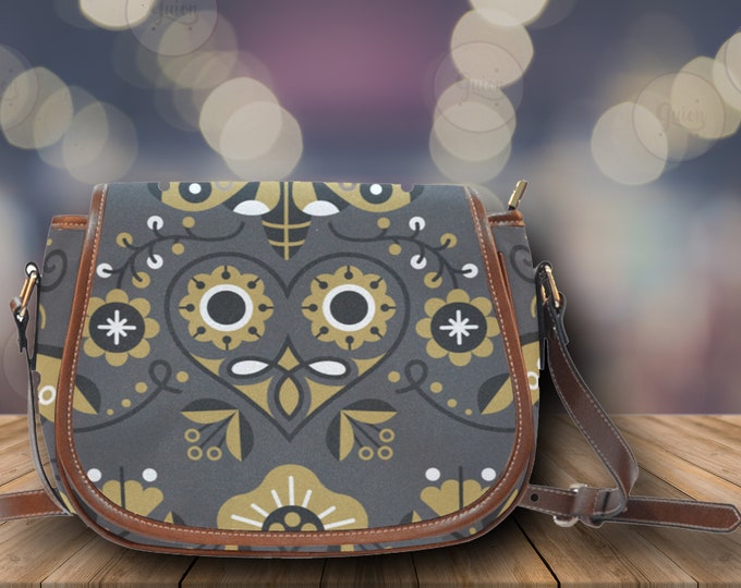 Floral Steampunk Style Gray Boho Saddle Bag, Dark Cottagecore Crossed body Shoulder bag, Goth girl bag boho hippie gift, vegan leather purse