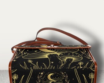Borsa a tracolla in tela strega, borsa a tracolla a forma di luna a fungo da donna carina, borsa a mano con cinturino vegano carino, borsa a mano goth regalo boho, regalo