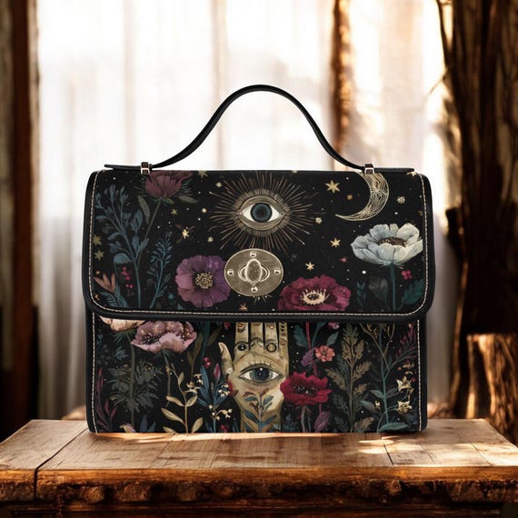 Magic Mystic Eye Cottagecore Canvas Satchel bag, Boho cottagecore forest women purse, cute vegan leather strap hand bag, cute halloween bag