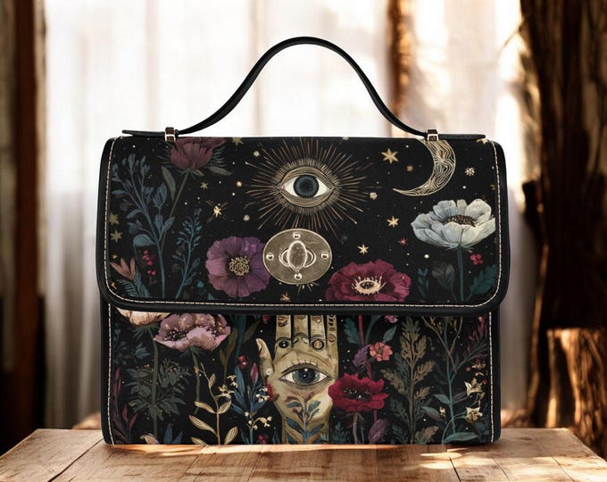 Magic Mystic Eye Cottagecore Canvas Satchel bag, Boho cottagecore forest women purse, cute vegan leather strap hand bag, cute halloween bag