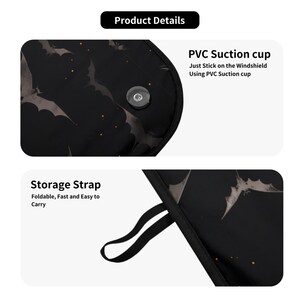 Pode incluir: Protetor solar de carro preto com um padr&atilde;o de morcego. Tem uma al&ccedil;a de armazenamento e uma ventosa para prender ao p&aacute;ra-brisa. O texto "Storage Strap" e "PVC Suction cup" &eacute; vis&iacute;vel na imagem.