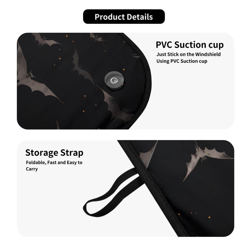 Pode incluir: Protetor solar de carro preto com um padr&atilde;o de morcego. Tem uma al&ccedil;a de armazenamento e uma ventosa para prender ao p&aacute;ra-brisa. O texto "Storage Strap" e "PVC Suction cup" &eacute; vis&iacute;vel na imagem.
