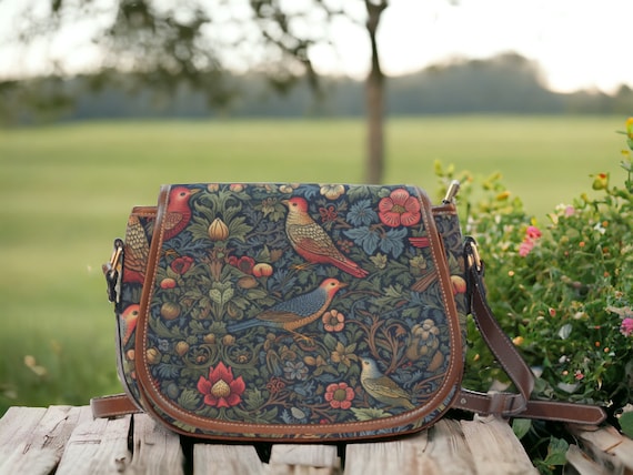 Cute Pink birds Boho Style Saddle Bag, pink victorian style crossbody bag, boho hippies accessories gift, women bag gift, boho saddle bag