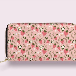Monedero con diseño de fresa rosa, monedero con cremallera Cottagecore Nature, bolso con diseño de fresa, monedero Kawaii Cottagecore con diseño de fresa rosa para mujer