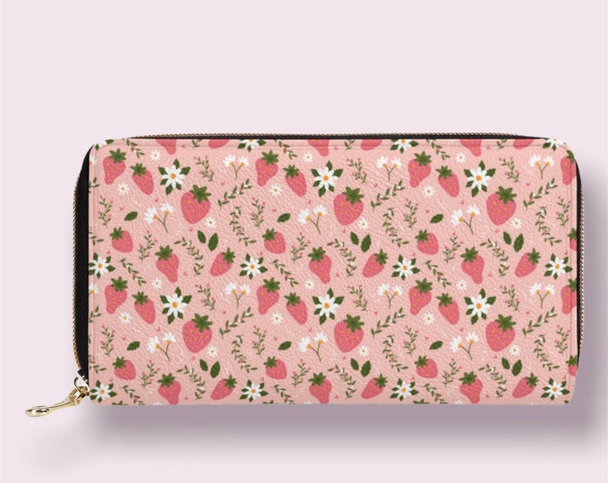 Cute Pink Strawberry Wallet, Cottagecore Nature Zipper Wallet, Strawberry Accessory Bag, Cottagecore Kawaii Pink Strawberry Wallet For Women