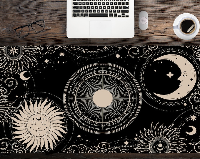 Mystical Sun Moon Black Witch Celestial Desk Mat with multiple sizes available, hemmed edge desk mat gaming, witchy mouse pad wrist rest