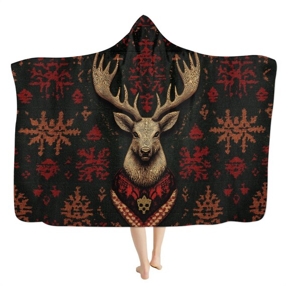 Yule Sacred Stag boho hooded blanket, Christmas lounging cozy blanket throw, Boho Witch hooded cloak Cape Blanket, boho hippies gift Xmas