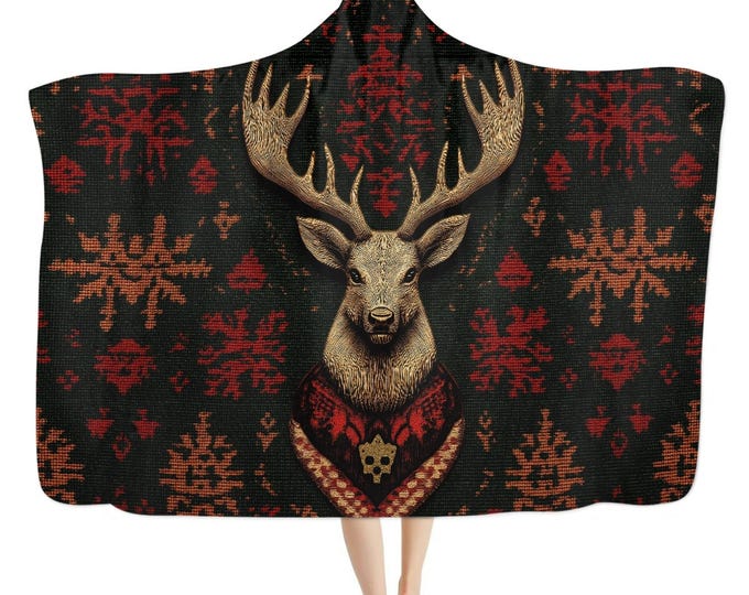 Yule Sacred Stag boho hooded blanket, Christmas lounging cozy blanket throw, Boho Witch hooded cloak Cape Blanket, boho hippies gift Xmas