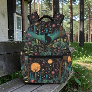 Cute Black Cat in Space Forest backpack, green space fern forest backpack, back to school day pack, botanical nature witchy green school bag