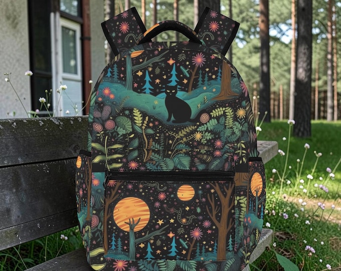 Cute Black Cat in Space Forest backpack, green space fern forest backpack, back to school day pack, botanical nature witchy green school bag
