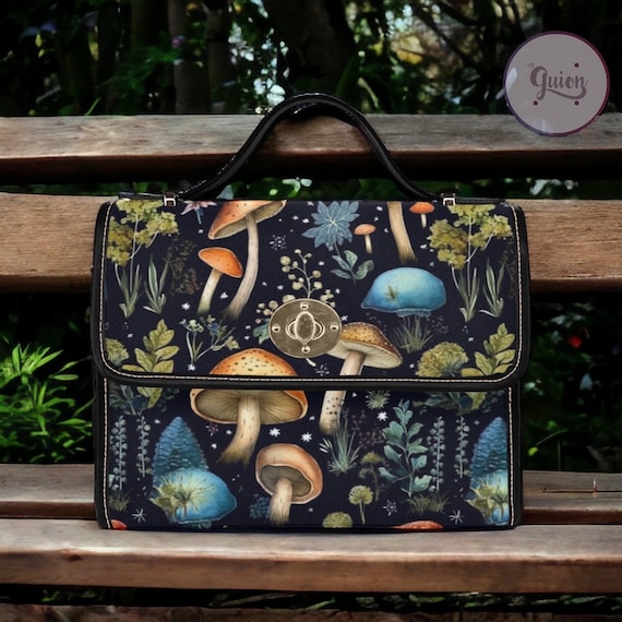 Dark Cottagecore Witchy Mushroom Fern Canvas Satchel bag, Cute women goth boho crossed body purse, pu leather strap hand bag, boho witch bag