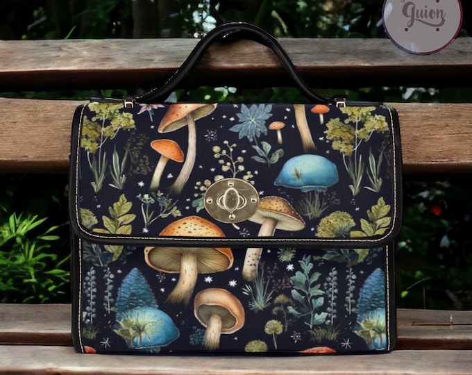 Dark Cottagecore Witchy Mushroom Fern Canvas Satchel bag, Cute women goth boho crossed body purse, pu leather strap hand bag, boho witch bag