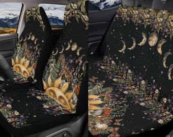 Witch Mystical Sun Car Seat Cover, moon phase Seat cover, Mystical witch seatbelt cover, cottagecore moon steering wheel cover witch decor