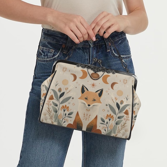 Retro Fox Beige Boho Kisslock Bag - Vegan Leather Moon Phases Kisslock Purse, Witchy Crossed body sholder bag, Cottagecore purse, goth bag