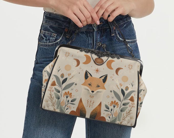 Retro Fox Beige Boho Kisslock Bag - Vegan Leather Moon Phases Kisslock Purse, Witchy Crossed body sholder bag, Cottagecore purse, goth bag
