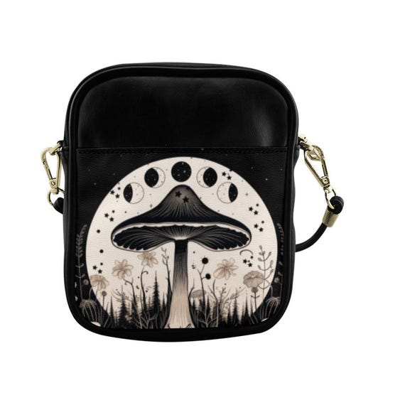 Moon Mushroom Dark Academia Sling Bag, Alternative Alt Outfit Goth Crossbody Bag, Cottagecore Shoulder Nature Purse, Witchy Streetwear Gift