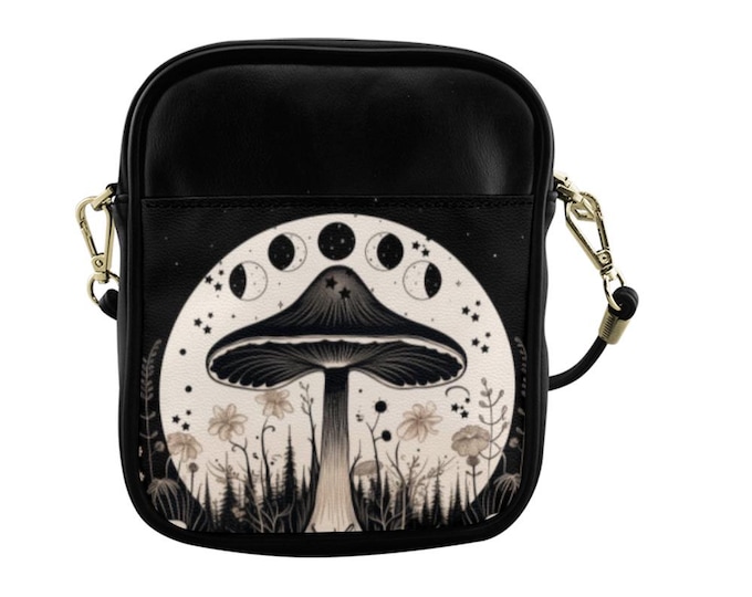 Moon Mushroom Dark Academia Sling Bag, Alternative Alt Outfit Goth Crossbody Bag, Cottagecore Shoulder Nature Purse, Witchy Streetwear Gift