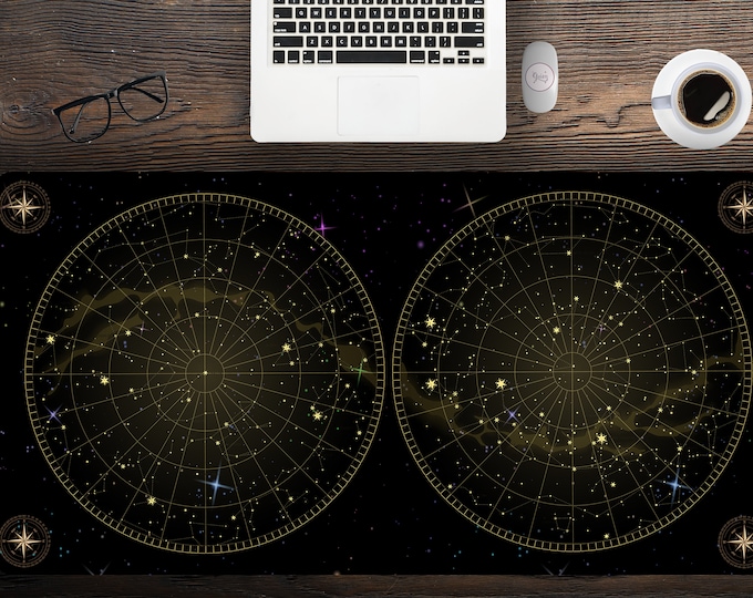 Zodiac Constellations Star Map black desk mat, large gaming mousepad multiple sizes zodiac , Hemmed Edge Desk Mat for home Office Gift