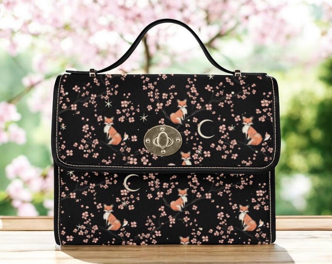 Cute Fox in Cherry Blossom Satchel bag, Cottagecore Boho Sakura crossbody purse, cute vegan leather strap goth bag, hippies boho gift