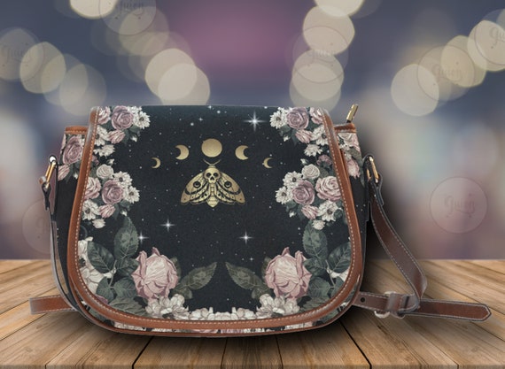 Cottagecore witch Pale Rose Saddle bag, Cute women rose moon phases crossed body purse, cute vegan leather goth moth bag, hippies boho gift
