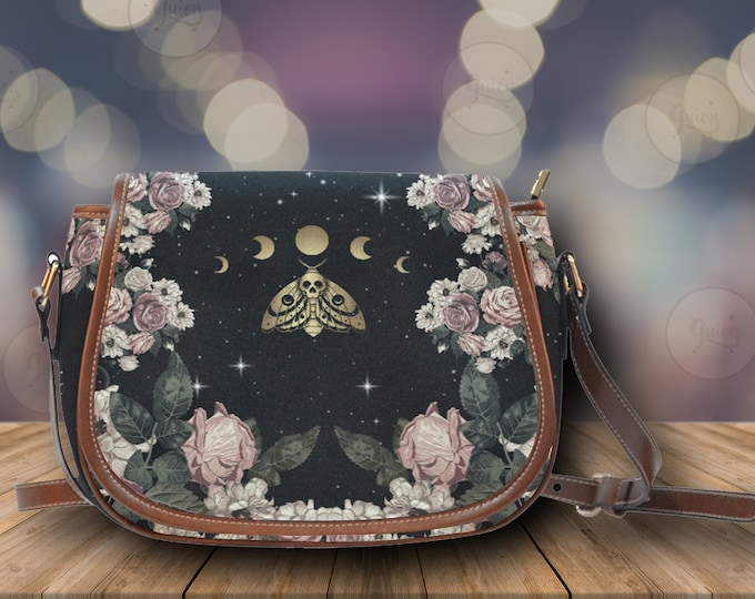Cottagecore witch Pale Rose Saddle bag, Cute women rose moon phases crossed body purse, cute vegan leather goth moth bag, hippies boho gift
