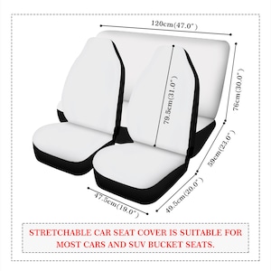 Pode incluir: Uma capa de assento de carro branca e preta com medidas em cent&iacute;metros. O texto "STRETCHABLE CAR SEAT COVER IS SUITABLE FOR MOST CARS AND SUV BUCKET SEATS." est&aacute; impresso abaixo da imagem.