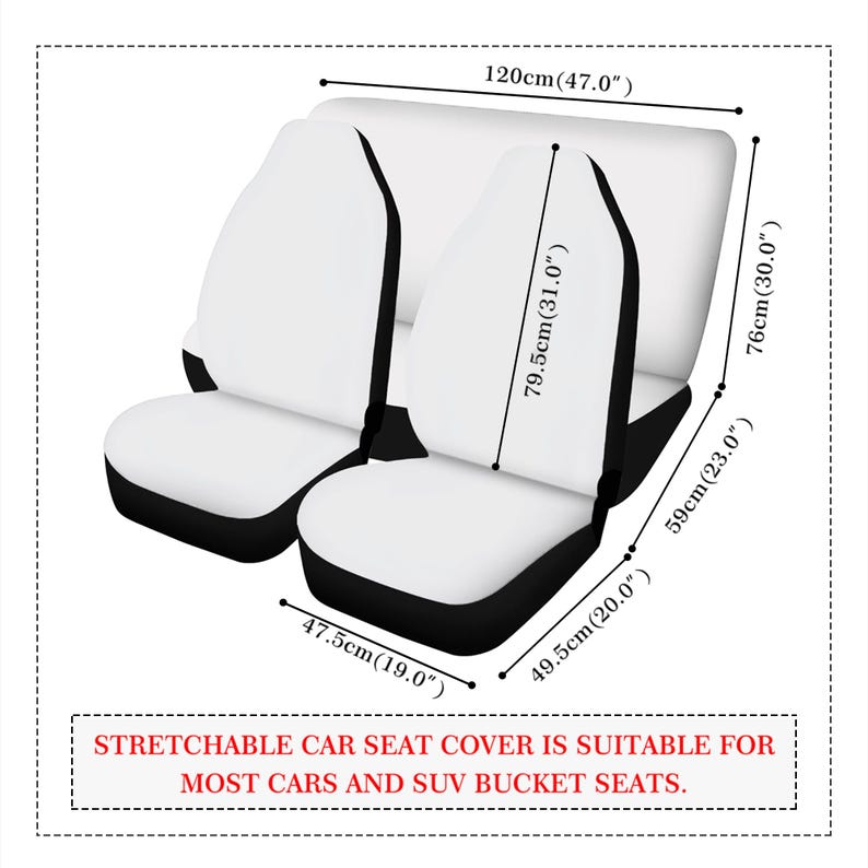 Pode incluir: Uma capa de assento de carro branca e preta com medidas em cent&iacute;metros. O texto "STRETCHABLE CAR SEAT COVER IS SUITABLE FOR MOST CARS AND SUV BUCKET SEATS." est&aacute; impresso abaixo da imagem.