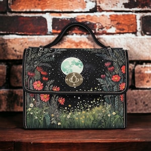 Full moon wildflower Mini crossbody satchel Bag, Boho Whimsy floral black Canvas boxy purse, Vegan Leather Trims, Cute goth shoulder purse