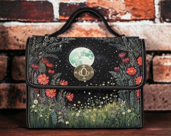 Pleine lune fleur sauvage Mini sac cartable à bandoulière, Boho Whimsy sac à main carré en toile noire florale, garnitures en cuir végétalien, sac à bandoulière goth mignon