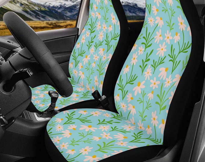 Kawaii Cottagecore Daisy garden Car Seat Covers, Cute botanical green Car Seat Cover for vehicle women car interior decor accessories