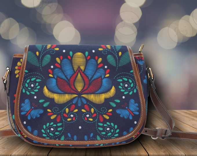 Cottagecore Blue Floral Vegan leather saddle bag, Cute handbag, Cute crossed body purse women, gift for mom, Cottagecore hippies boho gift