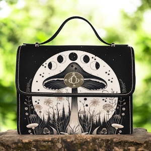 Sac cartable en toile lune Cottagecore, sac à main croisé femme lune champignon mignon, sac à main mignon avec sangle en cuir végétalien, cadeau bohème hippies