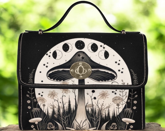 Cottagecore moon Canvas Satchel bag, Cute women mushroom moon crossed body purse, cute vegan leather strap hand bag, hippies boho gift