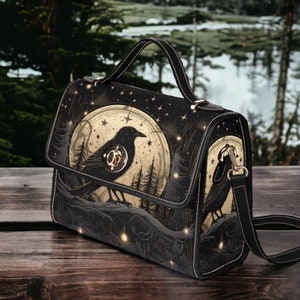 Raven Witchy Bag, Gothic Crossbody with Crow Witchcraft Detail, Witchy Stylish Crossbody Accessory Bag for Witches, Goth Canvas Hand Bag