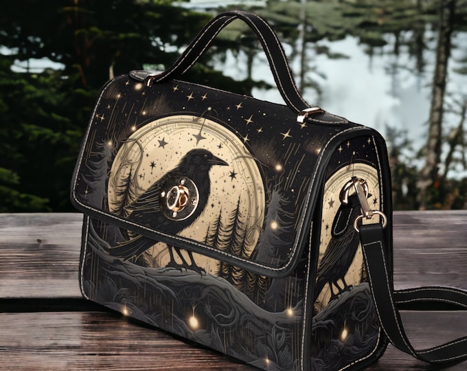 Raven Witchy Bag, Gothic Crossbody with Crow Witchcraft Detail, Witchy Stylish Crossbody Accessory Bag for Witches, Goth Canvas Hand Bag