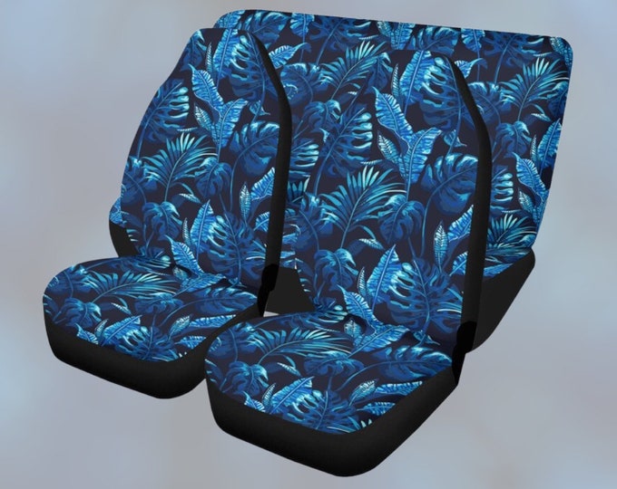 Blue Monstera Leaves Cottagecore Car Seat Covers, Cute Nature Tendy Car Seat Covers full set for vehicle women boho car interior decor gift