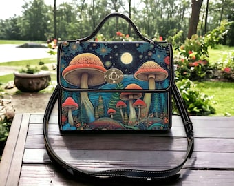 Retro Mushroom Cottagecore Canvas Satchel bag, cottagecore forest women purse, cute vegan leather strap hand bag boho bag, hippies boho gift