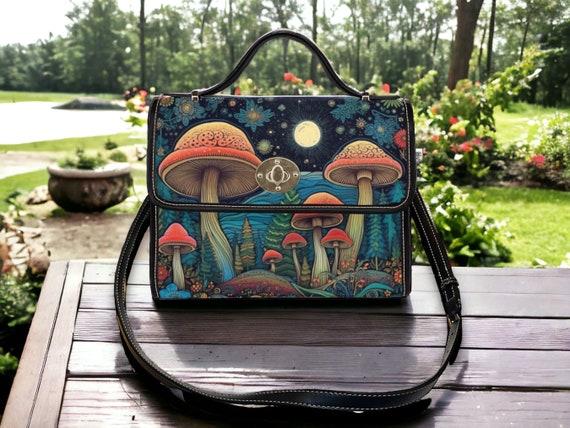 Retro Mushroom Cottagecore Canvas Satchel bag, cottagecore forest women purse, cute vegan leather strap hand bag boho bag, hippies boho gift
