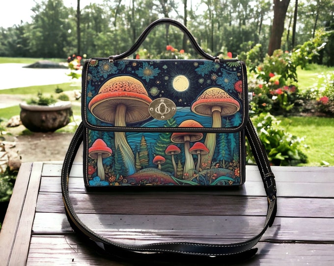 Retro Mushroom Cottagecore Canvas Satchel bag, cottagecore forest women purse, cute vegan leather strap hand bag boho bag, hippies boho gift