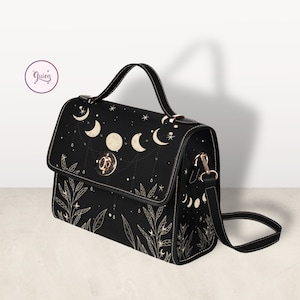 Cottagecore Celestial Moon Black Canvas Satchel bag, Leuke vrouwen natuur crossbody portemonnee, schattige zwarte riem handtas, hippies boho cadeau portemonnee afbeelding 5