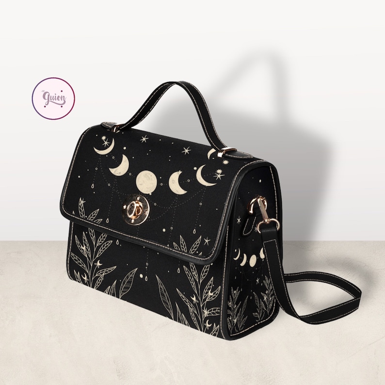 Cottagecore Celestial Moon Black Canvas Satchel bag, Cute women nature crossbody purse, cute black strap hand bag, hippies boho gift purse zdjęcie 5