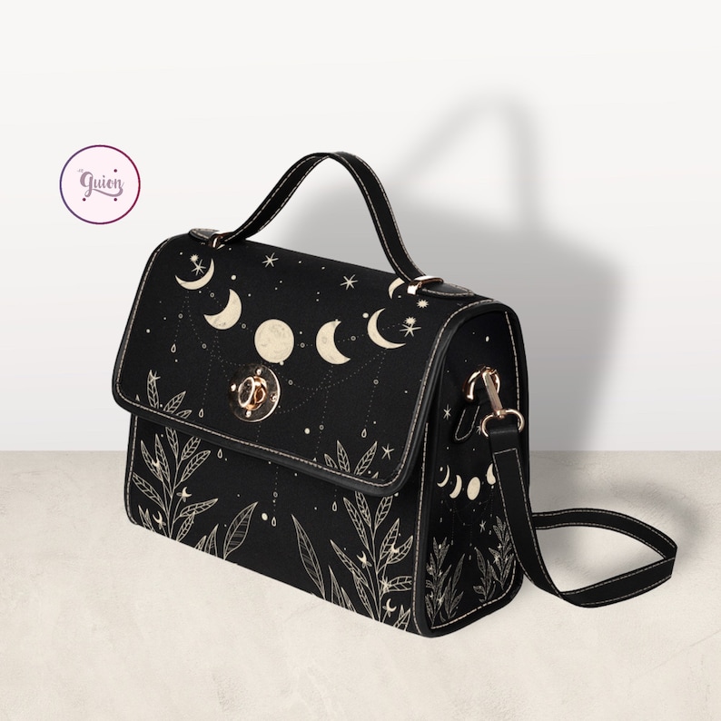 Borsa a tracolla Cottagecore Celestial Moon Black Canvas, borsa a tracolla carina da donna natura, borsa a mano con cinturino nero carino, borsa regalo hippies boho immagine 5