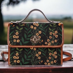 Sac cartable en toile Cottagecore Flowers, sac à main Boho, sac à main croisé noir, sac à main en cuir végétalien, sac goth, cadeau bohème hippies